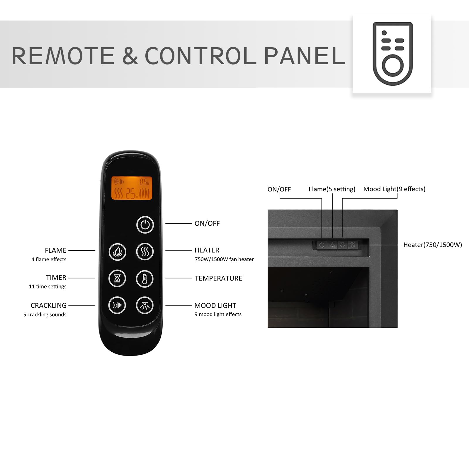 Electric Fireplace Insert – 750W/1500W with Crackling Sound