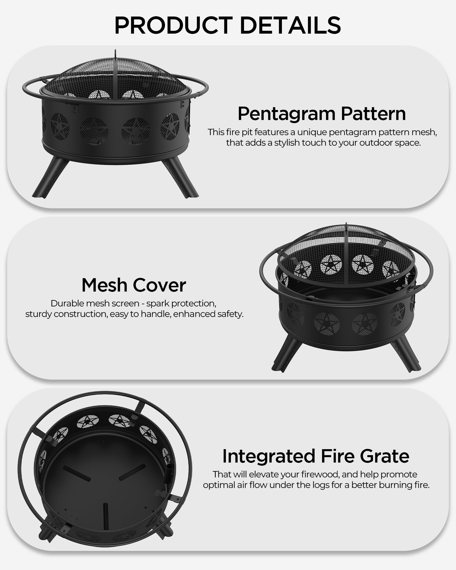 32" Round Wood Burning Fire Pit with Grill & Mesh Cover
