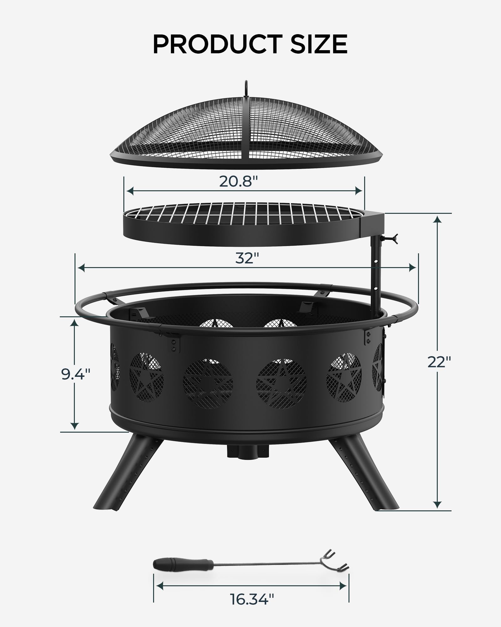 32" Round Wood Burning Fire Pit with Grill & Mesh Cover