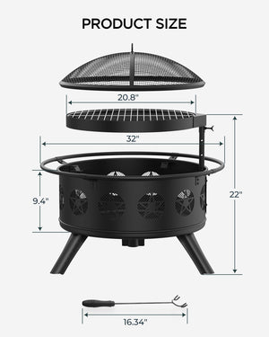 32" Round Wood Burning Fire Pit with Grill & Mesh Cover
