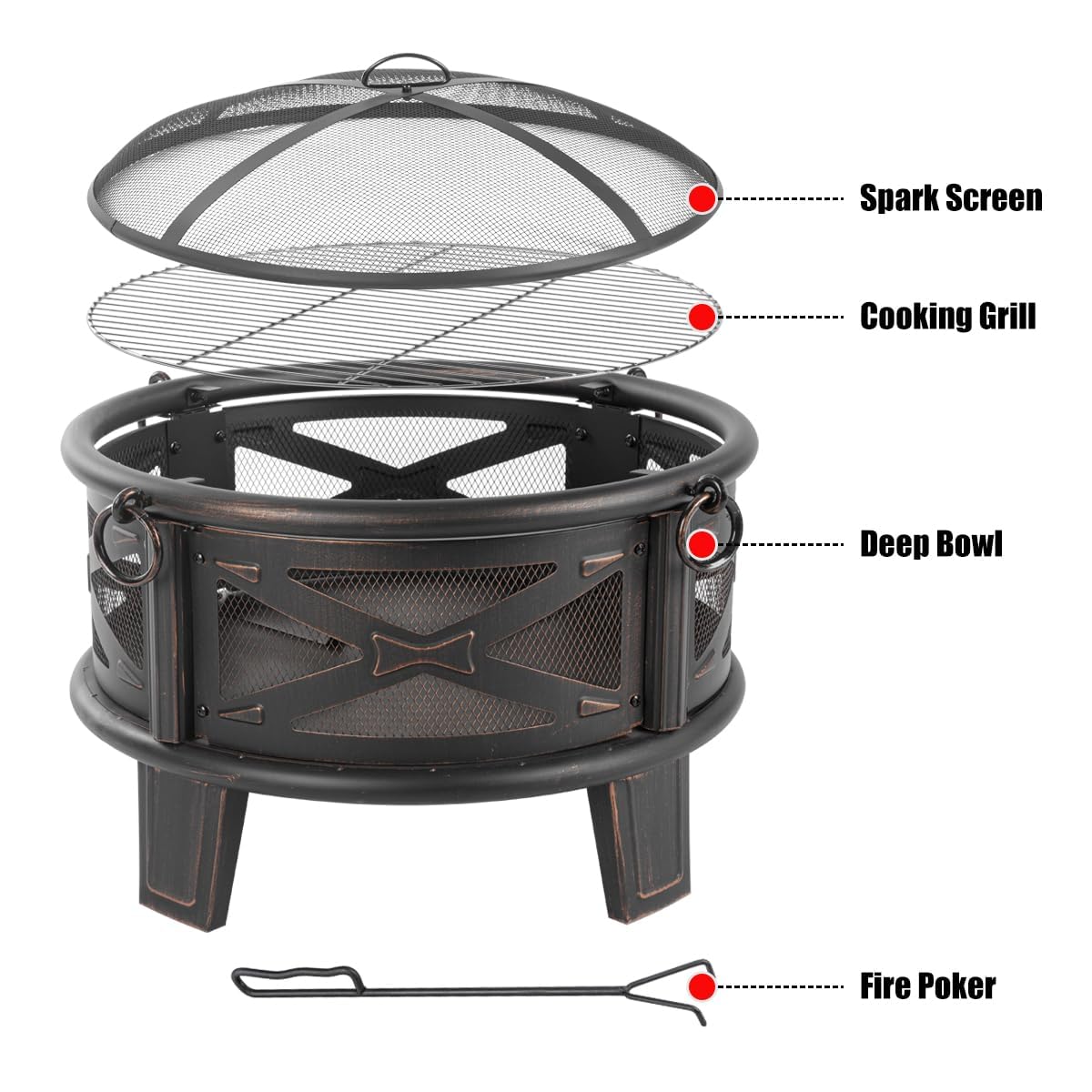 26" Wood Burning Fire Pit with Grill and Spark Screen