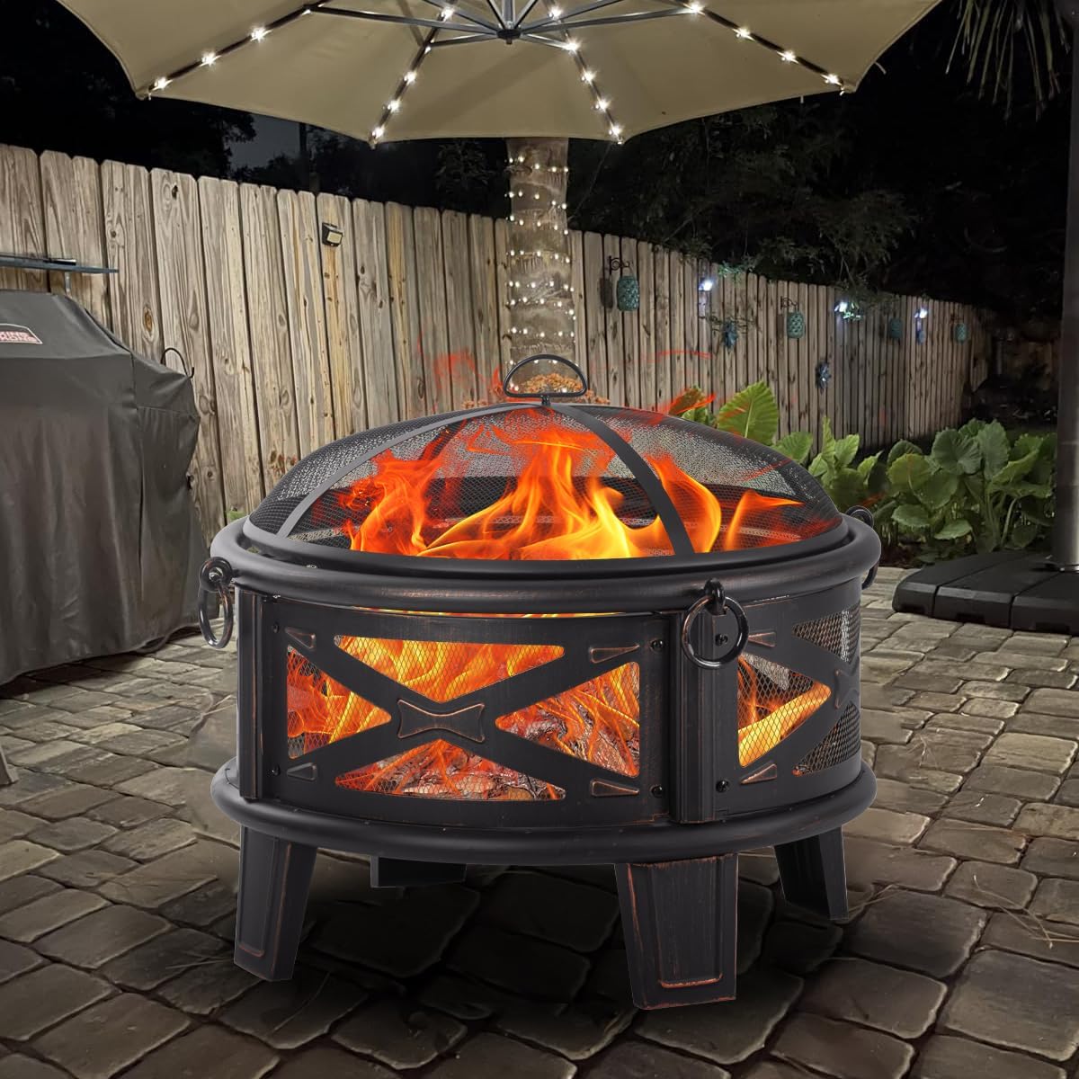 26" Wood Burning Fire Pit with Grill and Spark Screen