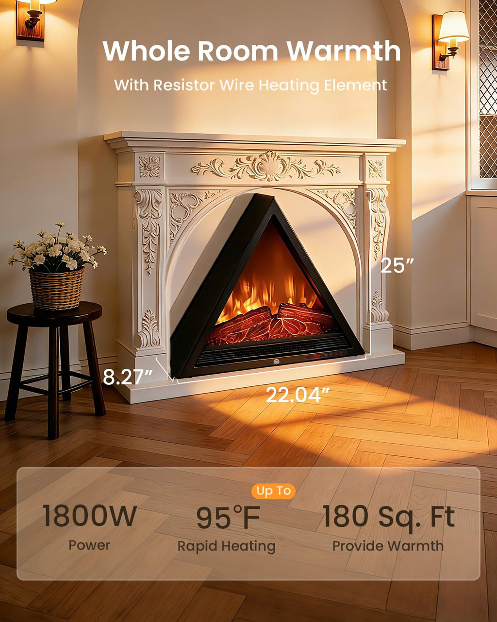 22" Triangular Electric Fireplace Insert – 1500W