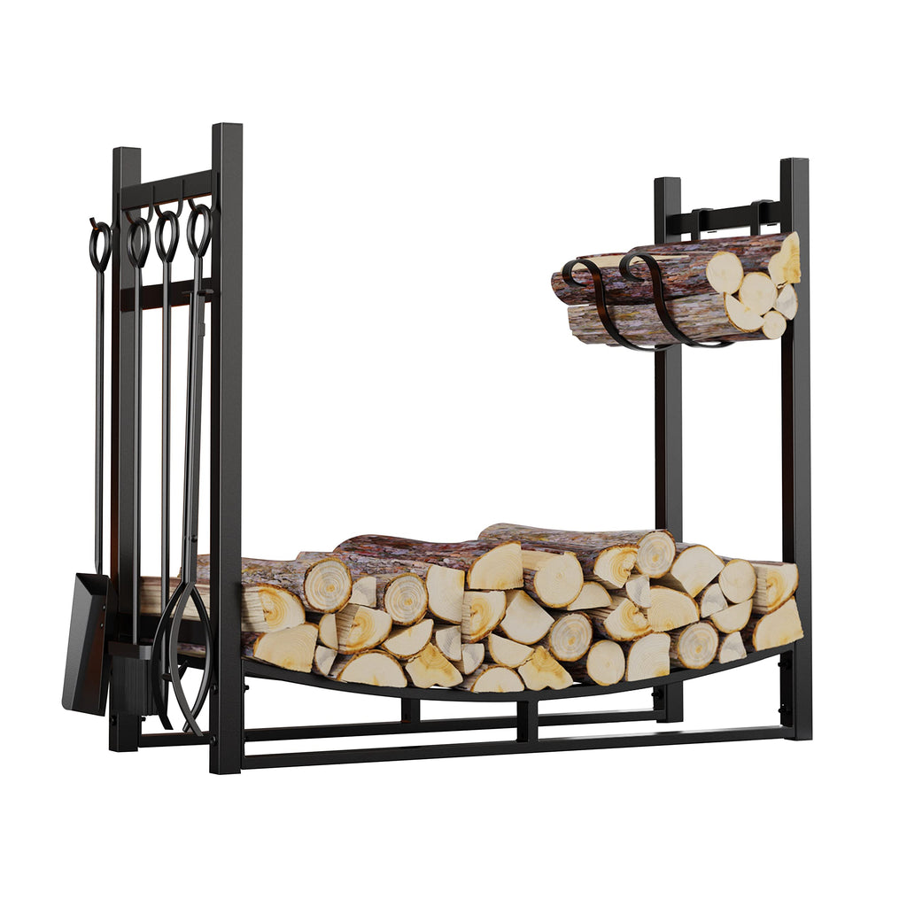Firewood Rack with Kindling Holder & 4-Piece Tool Set