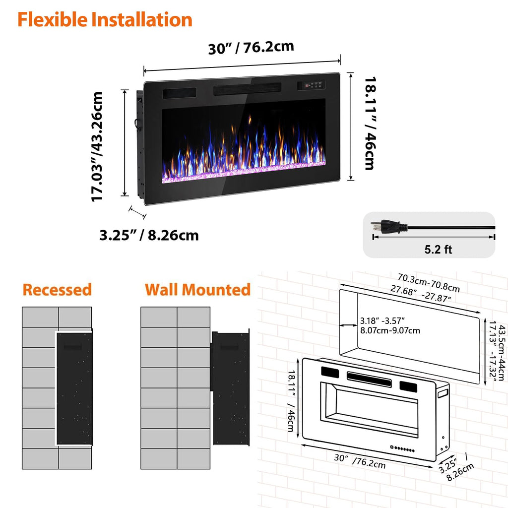 Ultra-Thin Recessed & Wall Mounted Electric Fireplace
