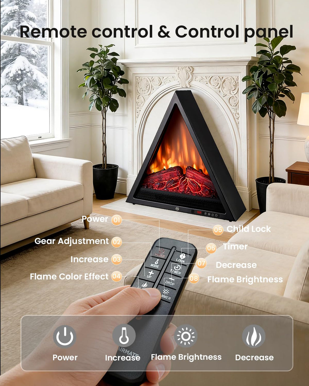 22" Triangular Electric Fireplace Insert – 1500W
