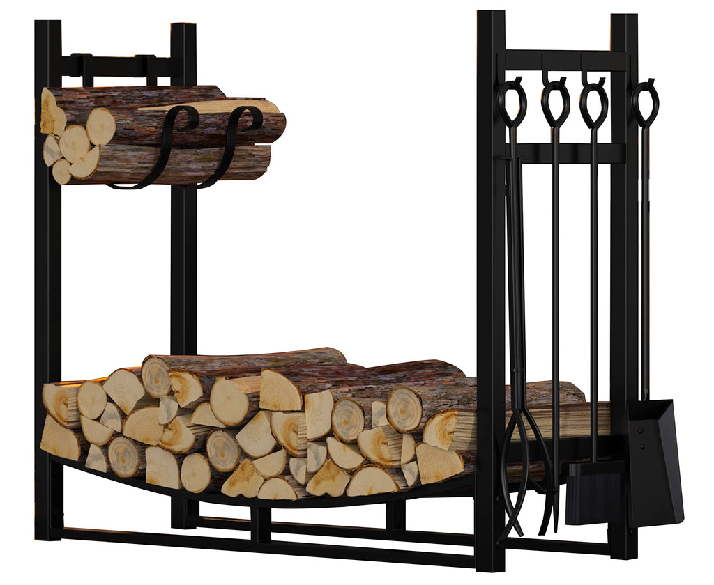 Firewood Rack with Kindling Holder & 4-Piece Tool Set