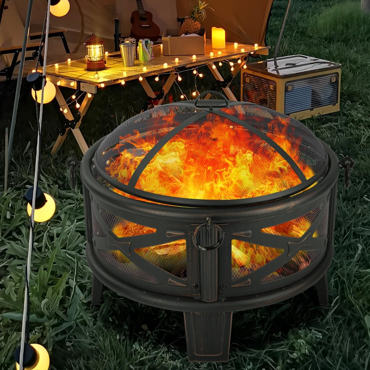 26" Wood Burning Fire Pit with Grill and Spark Screen