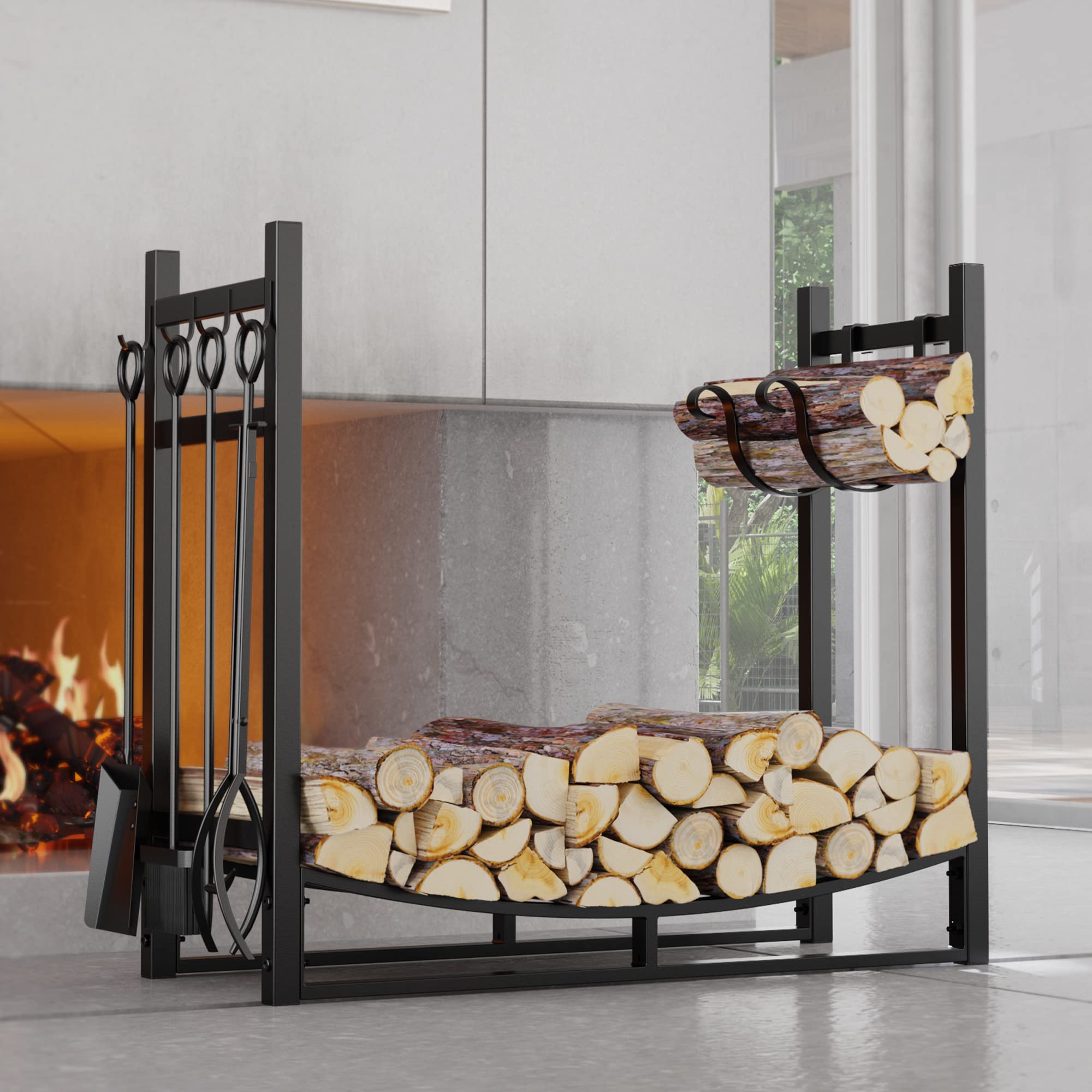 Firewood Rack with Kindling Holder & 4-Piece Tool Set