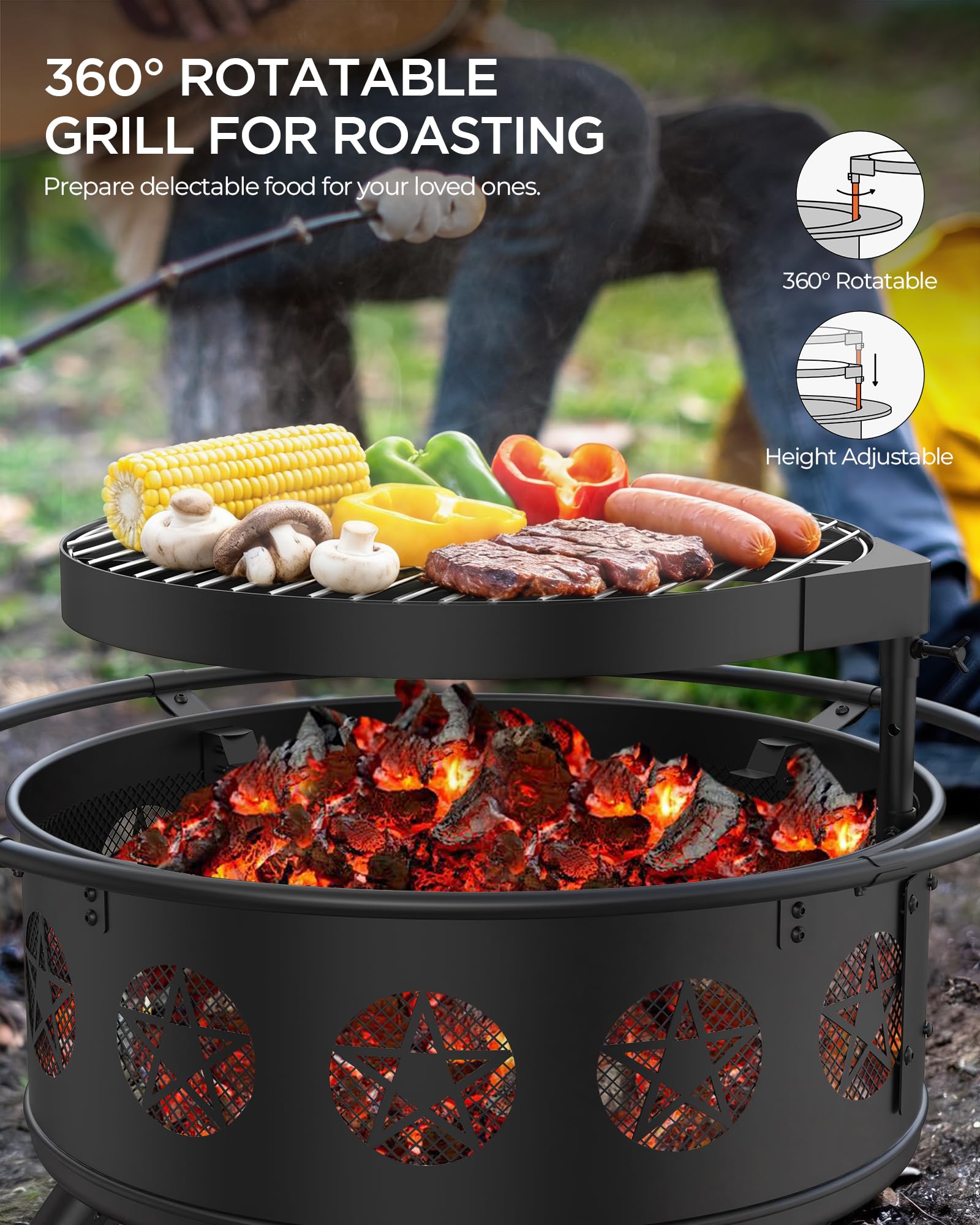 32" Round Wood Burning Fire Pit with Grill & Mesh Cover