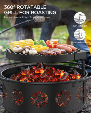 32" Round Wood Burning Fire Pit with Grill & Mesh Cover