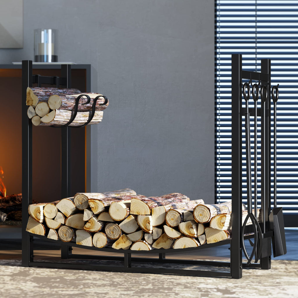 Firewood Rack with Kindling Holder & 4-Piece Tool Set