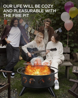 32" Round Wood Burning Fire Pit with Grill & Mesh Cover