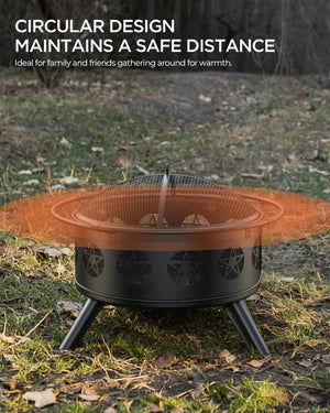 32" Round Wood Burning Fire Pit with Grill & Mesh Cover