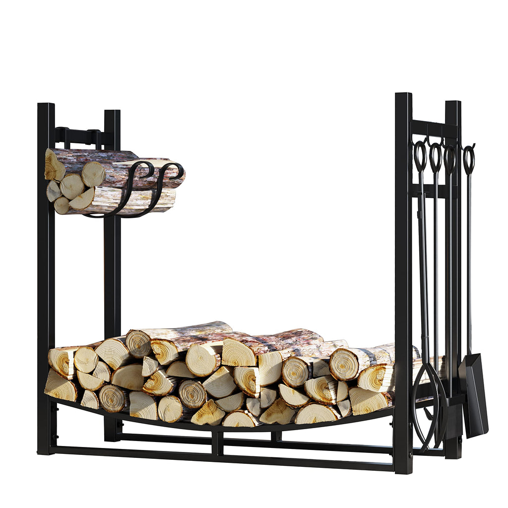 Firewood Rack with Kindling Holder & 4-Piece Tool Set