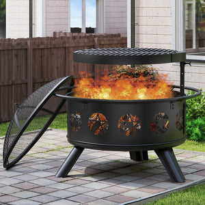 32" Round Wood Burning Fire Pit with Grill & Mesh Cover