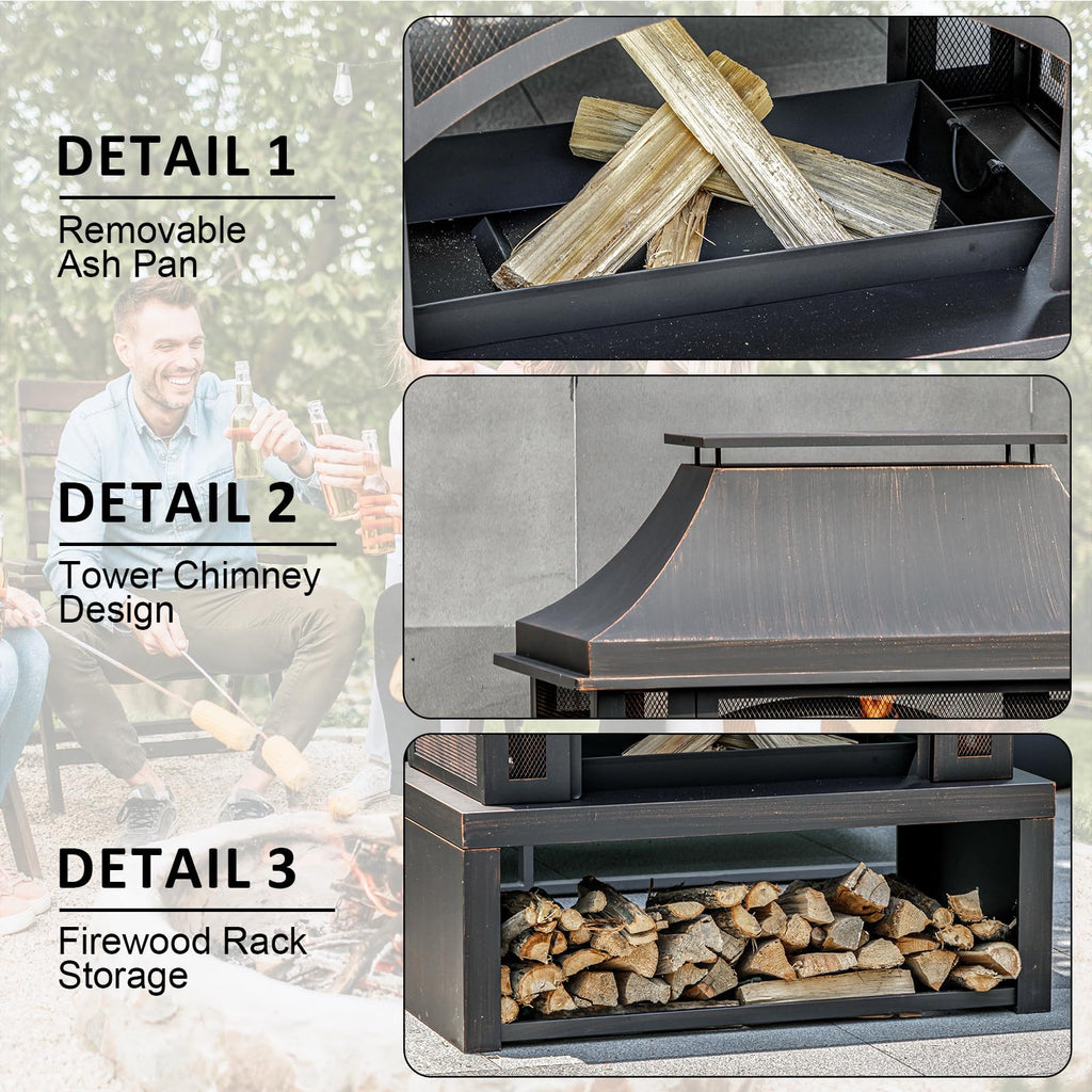 39" Wood Burning Outdoor Fireplace with Storage
