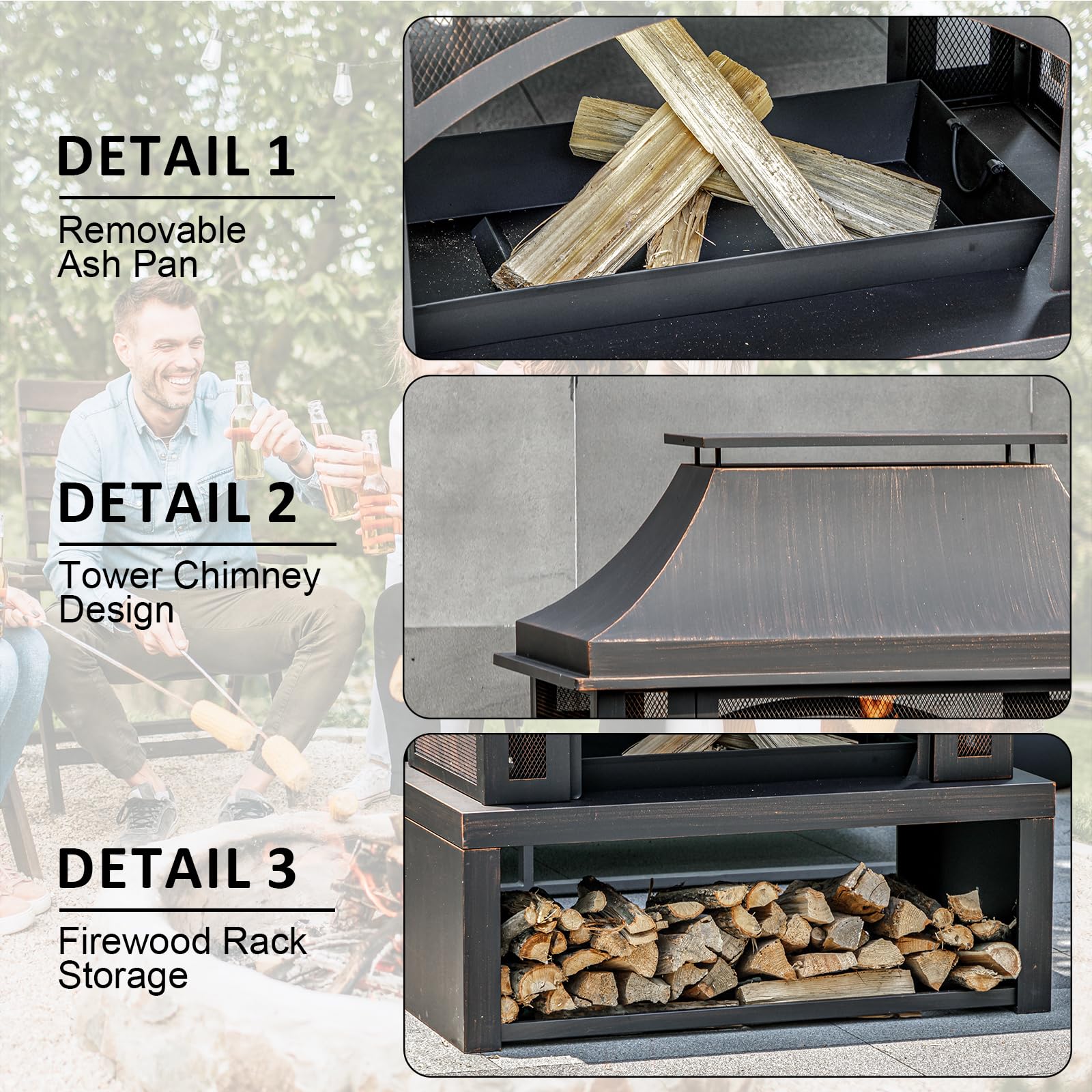 39" Wood Burning Outdoor Fireplace with Storage