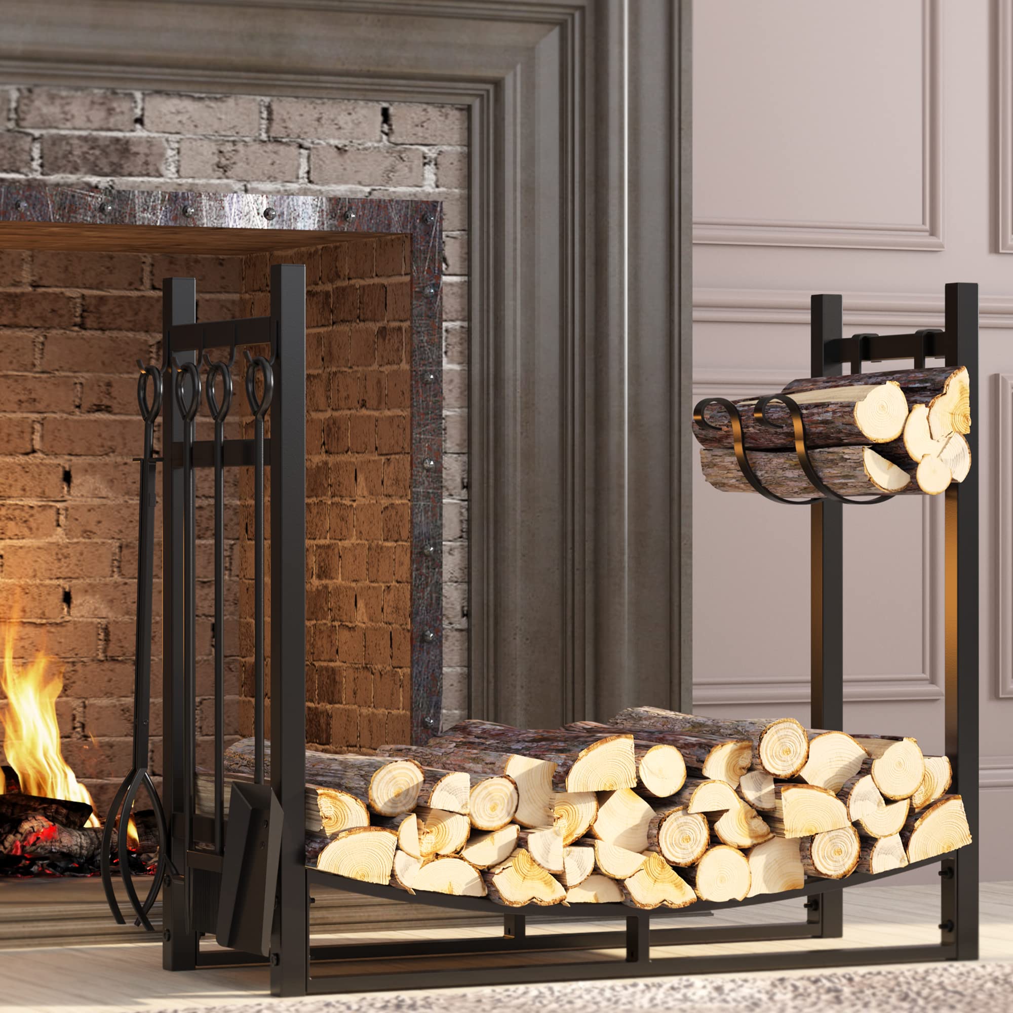 Firewood Rack with Kindling Holder & 4-Piece Tool Set