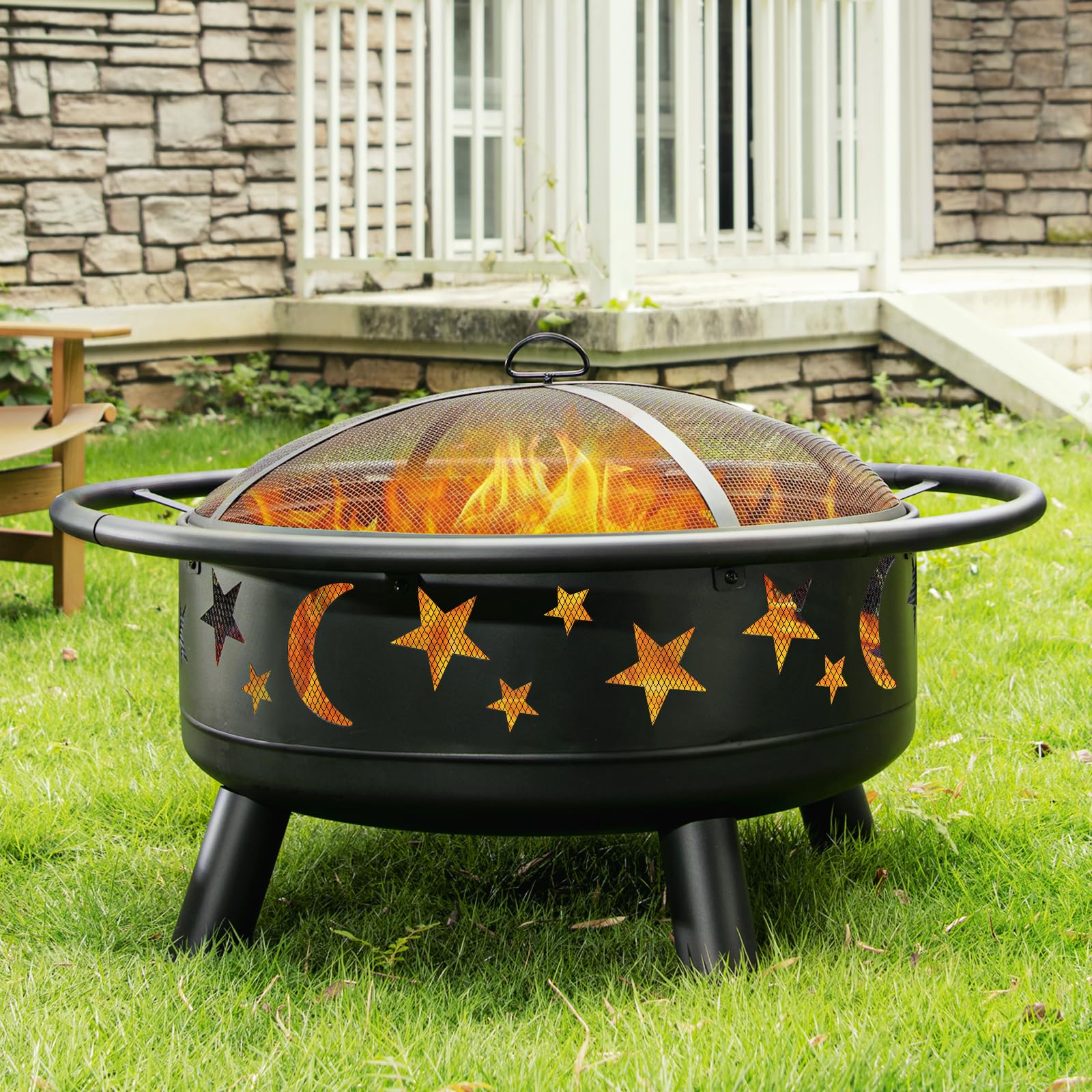32" Round Wood Burning Fire Pit with Mesh Cover