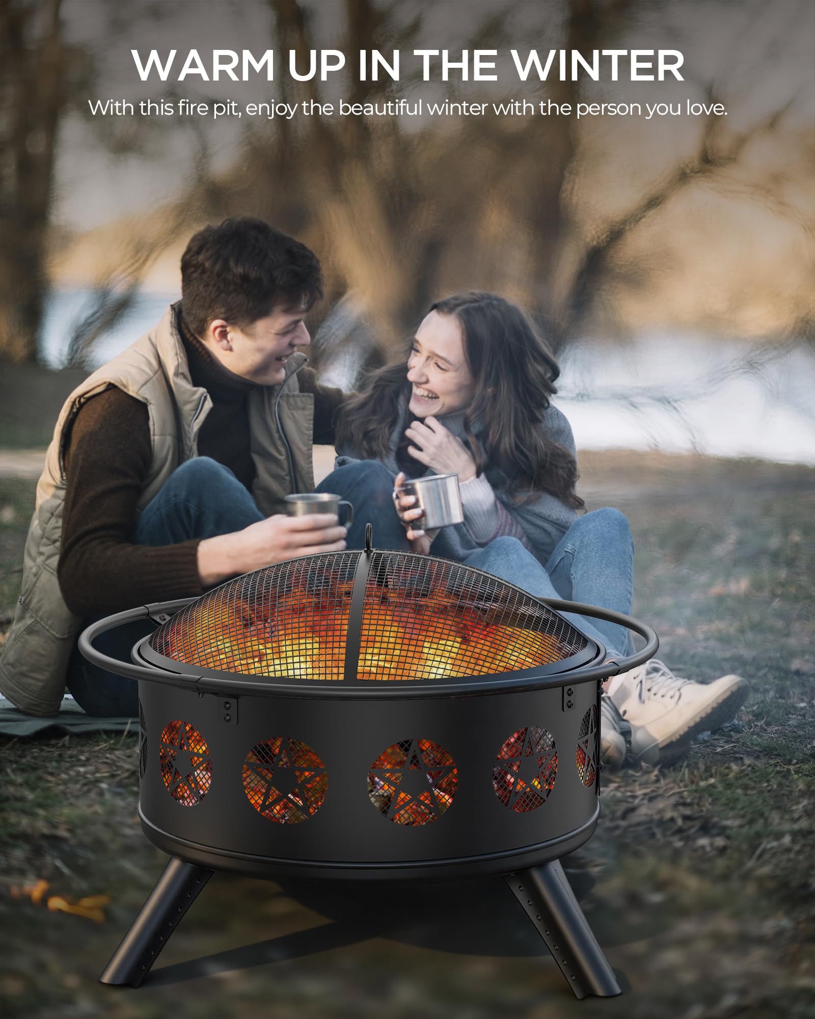 32" Round Wood Burning Fire Pit with Grill & Mesh Cover