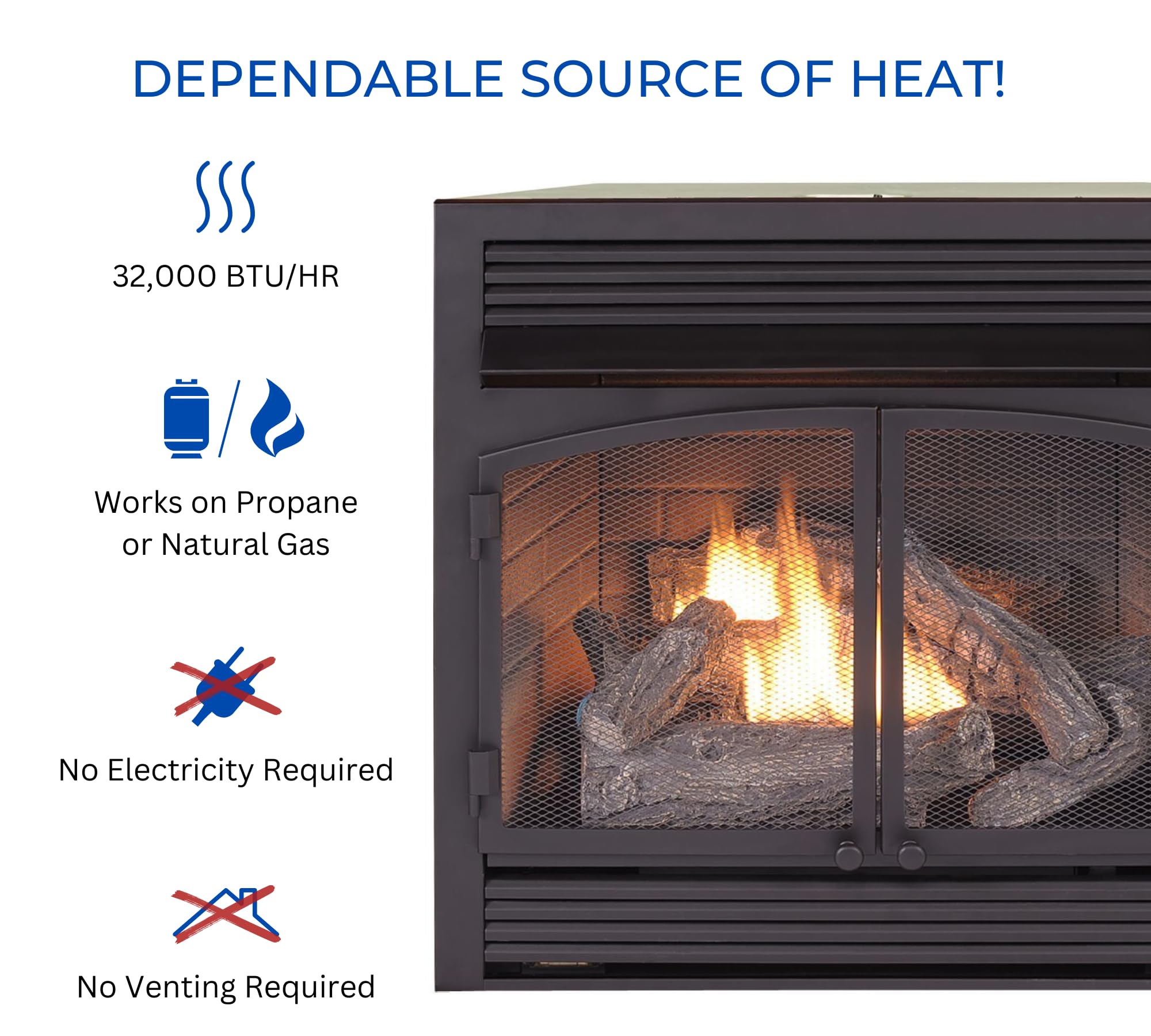 Dual Fuel Ventless Gas Fireplace Insert – 32,000 BTU