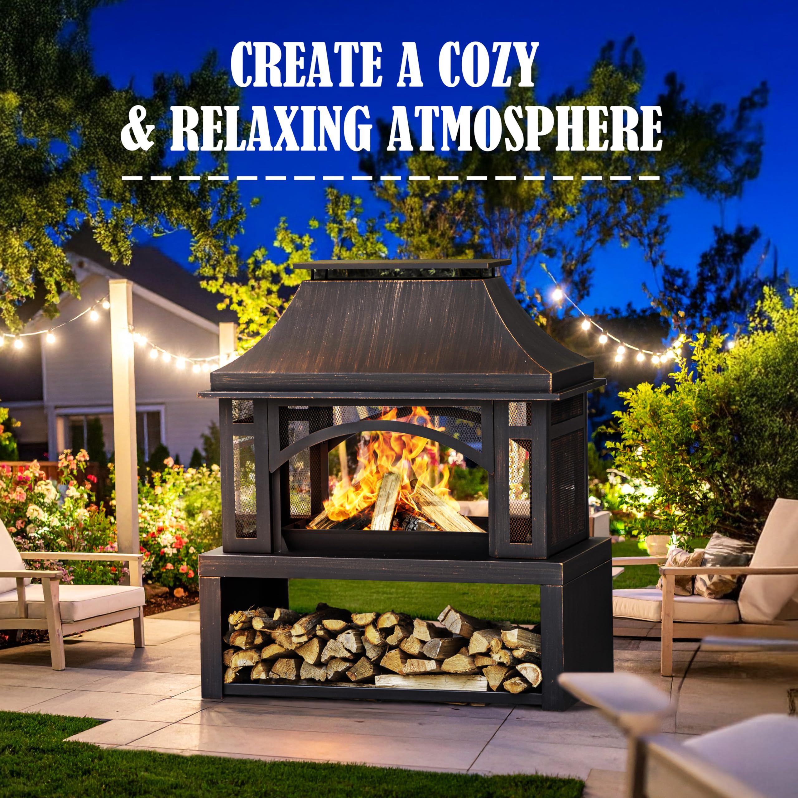 39" Wood Burning Outdoor Fireplace with Storage