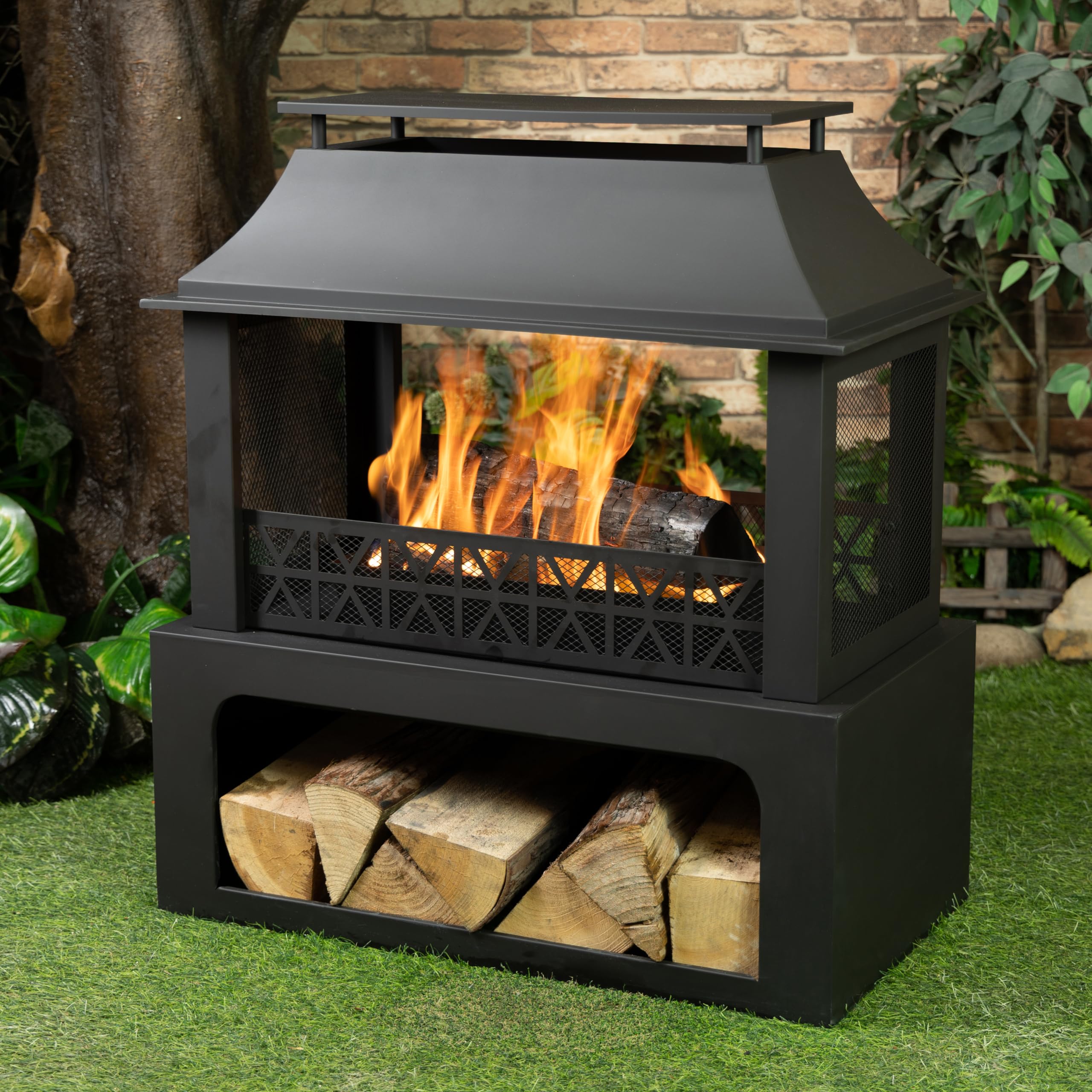 36" Rectangular Outdoor Wood Fireplace with Grill & Storage